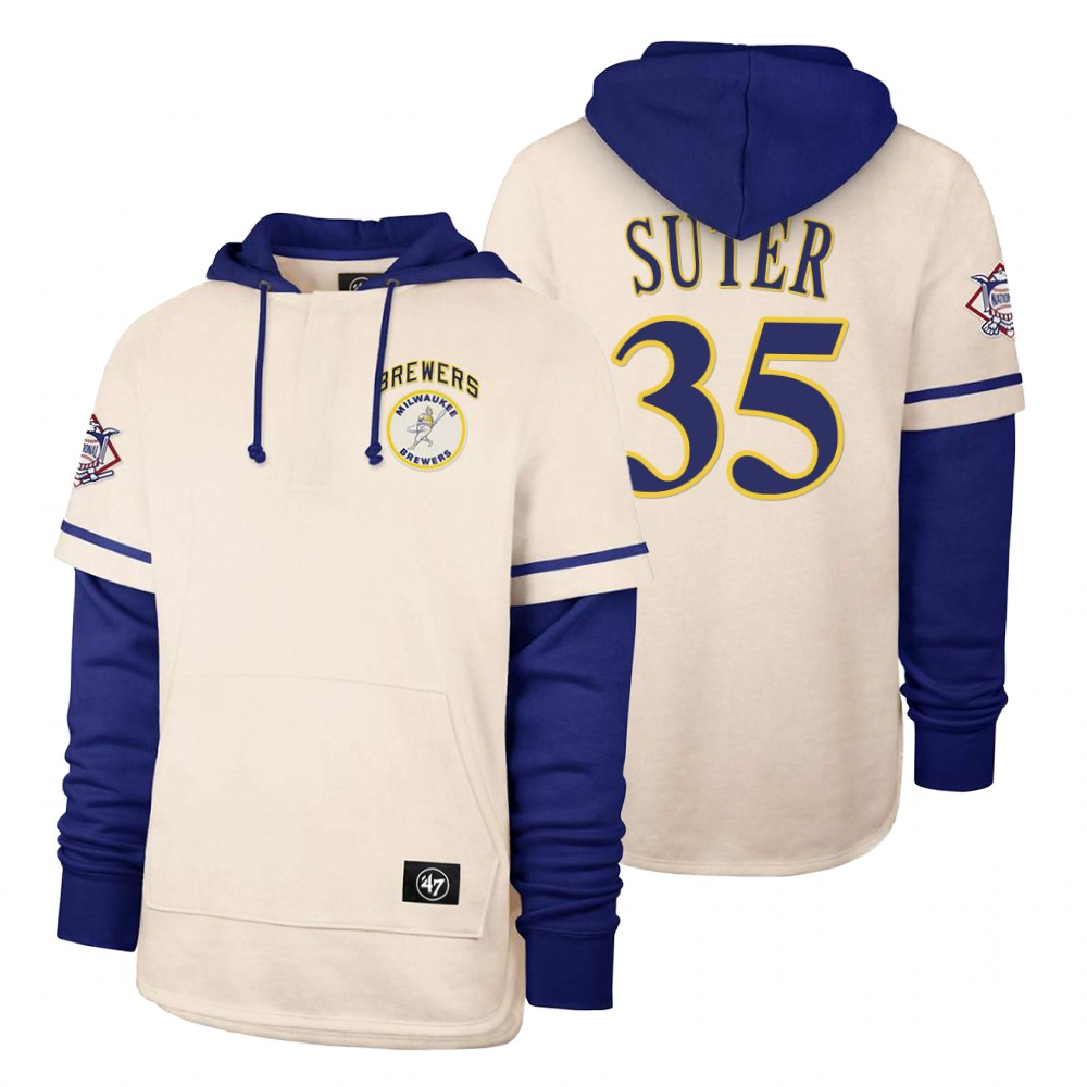 Men Milwaukee Brewers #35 Suter Cream 2021 Pullover Hoodie MLB Jersey